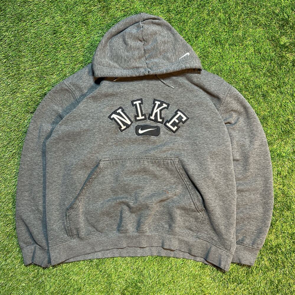Vtg Y2K Nike Stitched Arc Spell Out Logo Grey Hoodie Sweatshirt Sz xxl